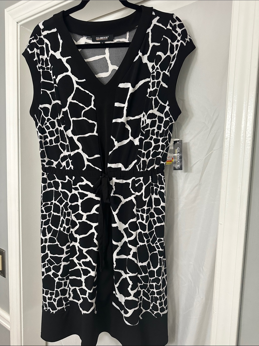 Glamour Black and White Giraffe-Print V-Neck Midi Dress